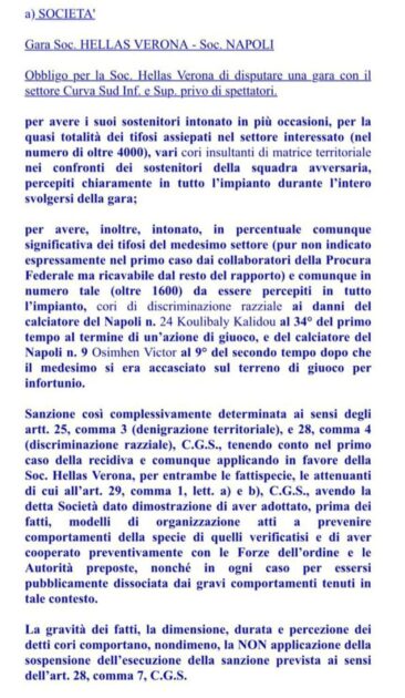 Cori Razzisti E Striscioni Contro Il Napoli Arriva La Punizione Per I