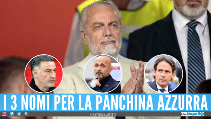 Aurelio De Laurentiis, nei cerchi i nomi degli allenatori in orbita Napoli: Galtier, Spalletti e Inzaghi (da sinistra) Aurelio De Laurentiis, nei cerchi i nomi degli allenatori in orbita Napoli: Galtier, Spalletti e Inzaghi (da sinistra)