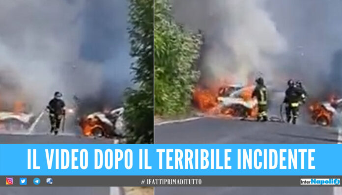 Incidente frontale a Trentola, 2 auto avvolte dalle fiamme: panico in strada [Video]