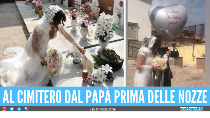 Assunta al cimitero dal papà prima di andare in chiesa. Foto: Belvedere Fotografi