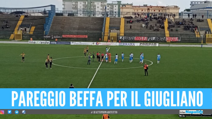L’Aprilia ferma la lunga striscia di vittorie del Giugliano. Il pareggio beffa arriva al 96’ su calcio di rigore.