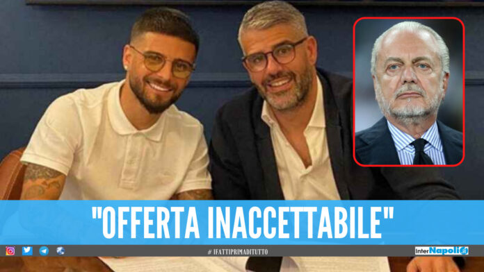 Lorenzo Insigne insieme al suo procuratore Vincenzo Pisacane. Nel riquadro il presidente del Napoli Aurelio De Laurentiis
