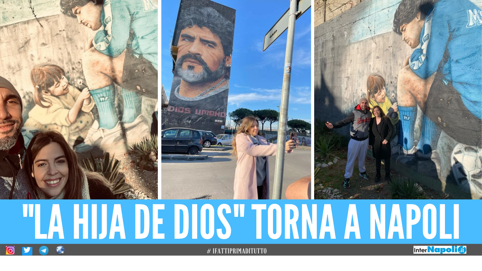 Dalma Maradona visita il murales che la ritrae insieme al papà in uno scatto diventato iconico. Al centro immortalata durante un selfie con l'opera di Jorit (Foto La Repubblica)