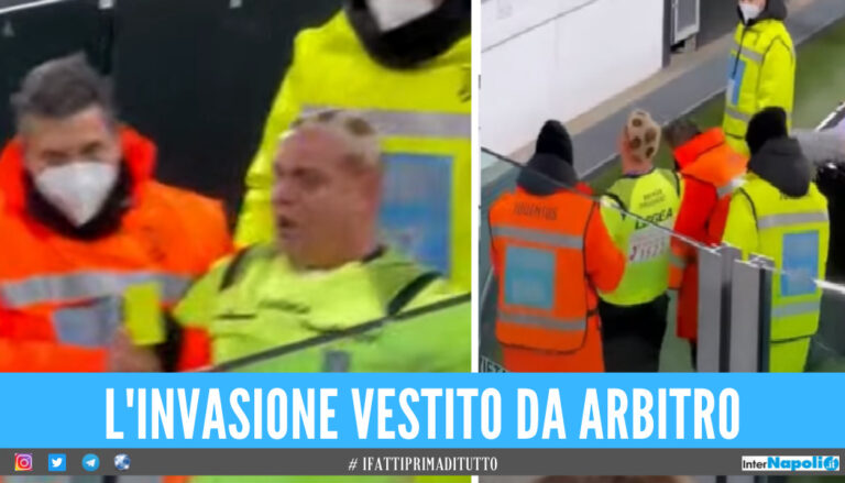 Paolo Sforza, stavolta lo show è allo Juventus Stadium: invade il campo vestito da arbitro