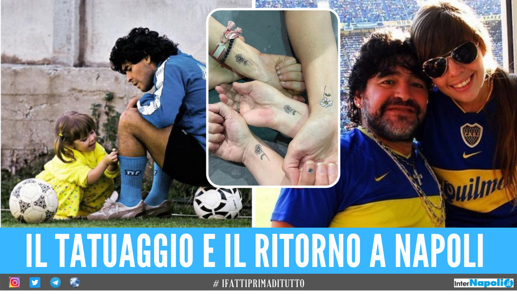 Sulla sinistra Dalma Maradona e papà Diego in uno scatto diventato iconico, al centro la foto del tatuaggio pubblicato su Instagram. Sulla destra padre e figlia a una partita del Boca.