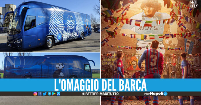 Il nuovo bus del Napoli, sulla destra l'omaggio del Barca a Diego