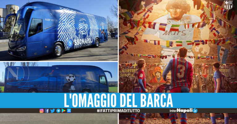 Napoli-Barcellona nel segno di Maradona, nuovo bus e tributo al minuto 10