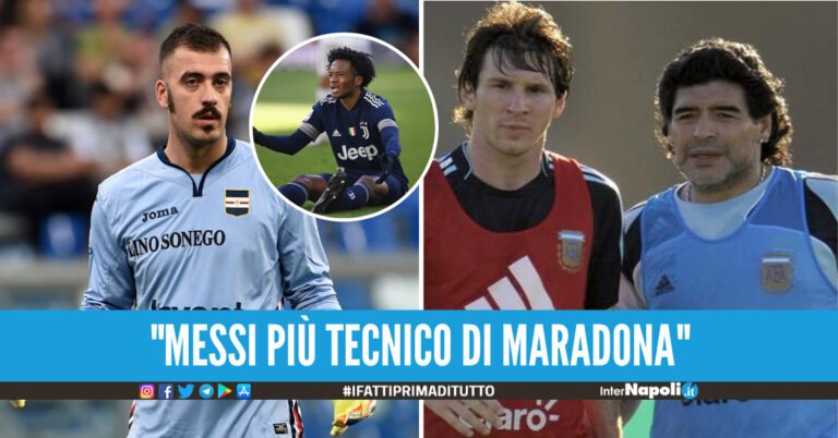 Emiliano Viviano, sulla destra Lionel Messi e Diego Armando Maradona. Nel cerchio Cuadrado