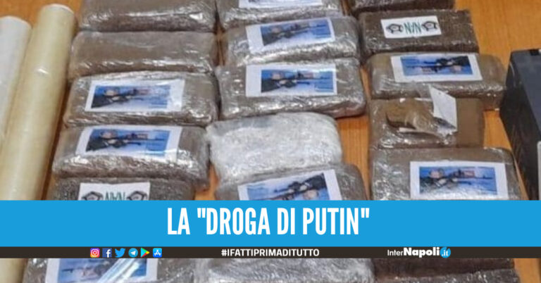 Sequestrata ‘la droga di Putin’ in Campania, 2 kg di hashish con la foto dello Zar