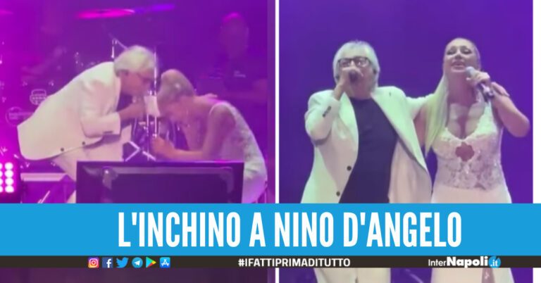 [Video]. Ida Rendano si inchina sul palco a Nino D’Angelo: “Gesto di rispetto e amore”