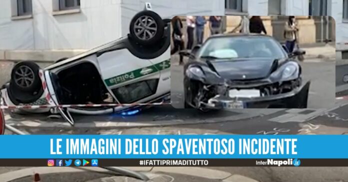Scontro tra l'auto della Municipale e una Ferrari, il video del ribaltamento