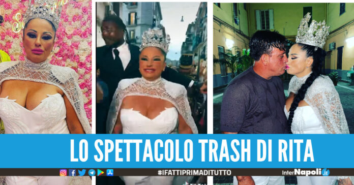 Vestita da Regina e con banda musicale, Rita De Crescenzo blocca il traffico per inaugurare il suo negozio 'Svergognata'