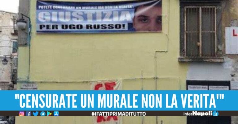 Rimosso il murale di Ugo Russo, al suo posto uno striscione: “Censura”
