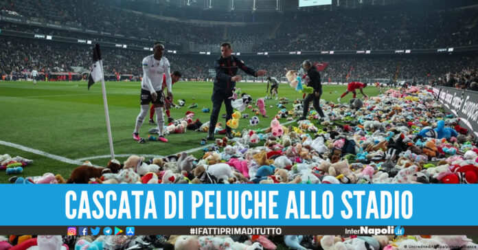 Tifosi lanciano peluche dagli spalti per i bambini colpiti dal terremoto in Turchia.