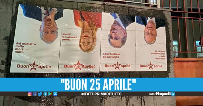 Affisse a Napoli le foto a testa in giù di Meloni e La Russa