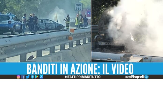 Assalto da film al portavalori, auto bruciata e spari in autostrada