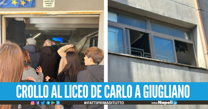 Giugliano, tanta paura al liceo De Carlo crollano soffitto e parete nell'aula magna, ferita una bidella