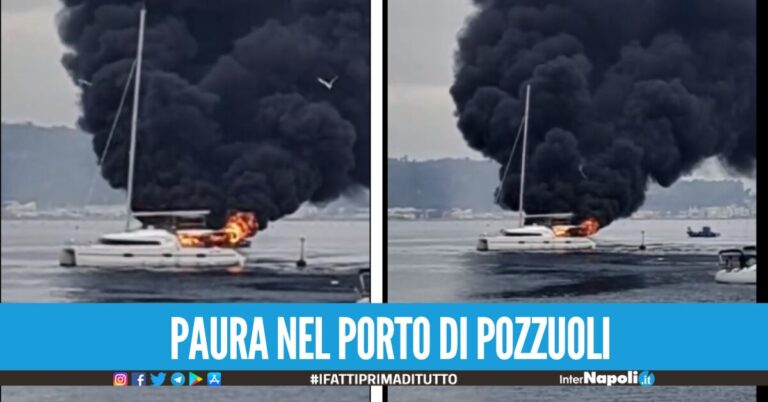 Barca in fiamme nel porto Pozzuoli, fumo nero visibile da chilometri