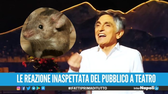 Topo gira in platea durante lo spettacolo di Salemme: 