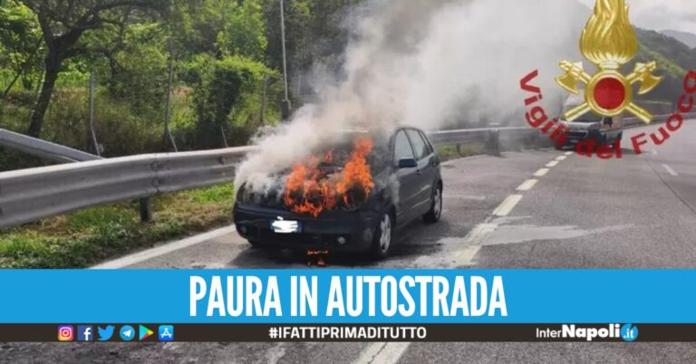 Auto in fiamme sull’A16 Napoli-Canosa, padre e figlio messi in salvo