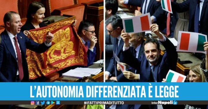 Autonomia Differenziata è legge, i parlamentari della Lega esultano con le bandiere sindaci del Sud in rivolta