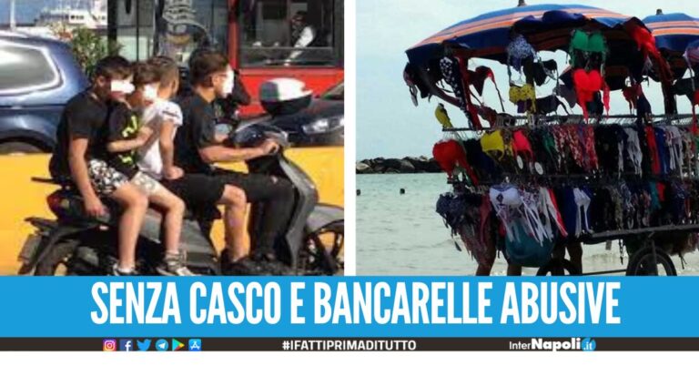 Blitz anti illegalità a Napoli: 14 centauri senza casco e sequestro di bancarelle abusive per il mare