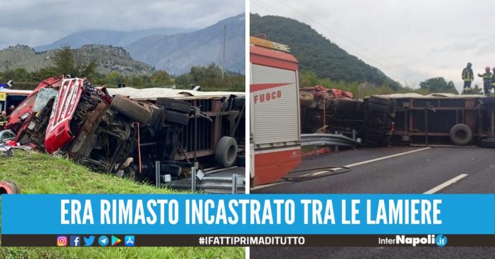 Si ribalta con il camion e perde la vita, tragico incidente sull'A1 nel Casertano