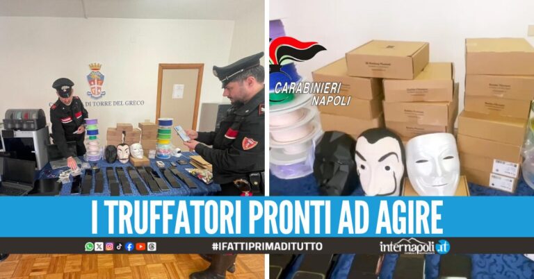 Smantellato laboratorio delle truffe a Torre del Greco, al suo interno maschere del mondo del cinema e cellulari