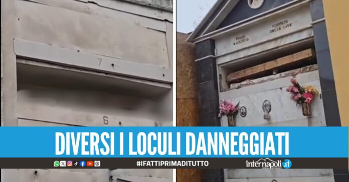 Orrore e degrado al cimitero di Afragola, lapidi spaccate e ossa esposte in bella vista