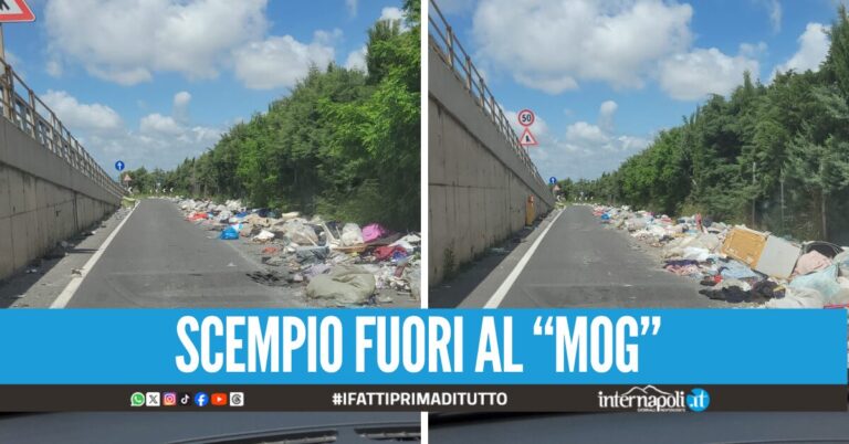 Scia di rifiuti in via Santa Maria a Cubito a Giugliano, strada ostruita e circolazione compromessa
