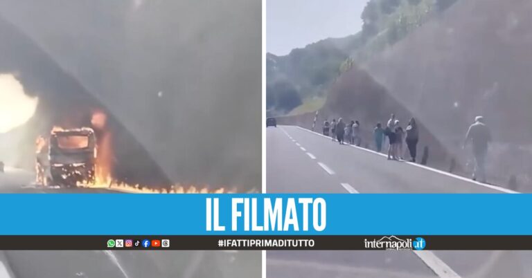 Bus in fiamme sulla Napoli-Canosa, passeggeri a piedi in autostrada
