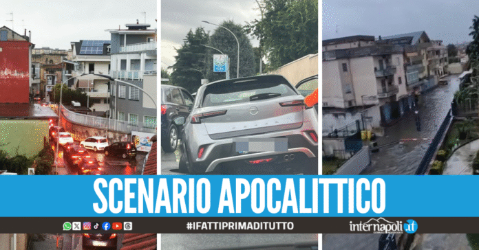 Giugliano e Villaricca piegate dal maltempo: strade allagate, tombini saltati e traffico in tilt