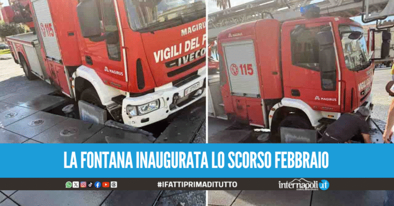 Incidente a Pompei, camion dei Vigili del Fuoco sprofonda nella fontana in piazza