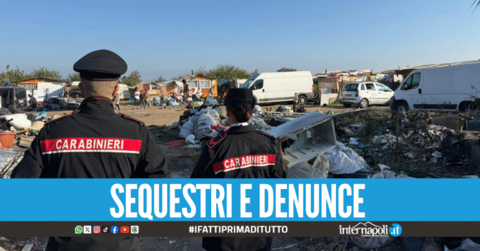 Controlli al campo rom di Giugliano, auto senza assicurazione e cumuli di rifiuti in fiamme