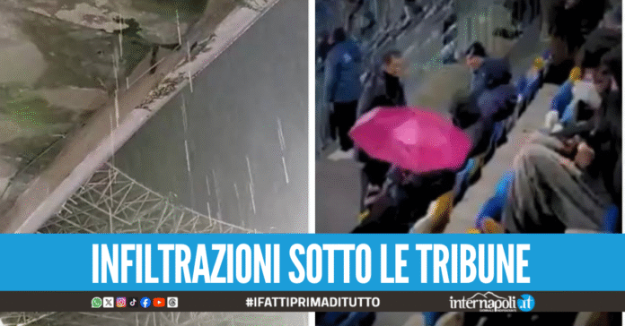 Lo stadio Maradona fa acqua da tutte le parti, piove in testa ai tifosi durante il match col Qarabag