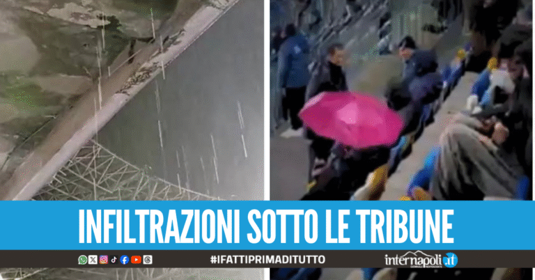 Lo stadio Maradona fa acqua da tutte le parti, piove in testa ai tifosi durante il match col Qarabag