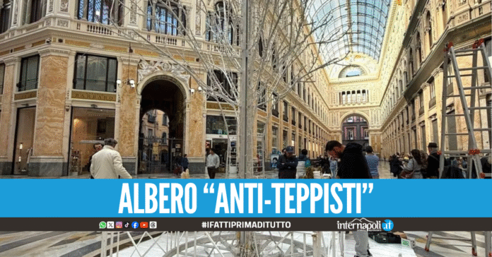 Riecco l'albero in Galleria Umberto a Napoli: è in metallo per scoraggiare i teppisti