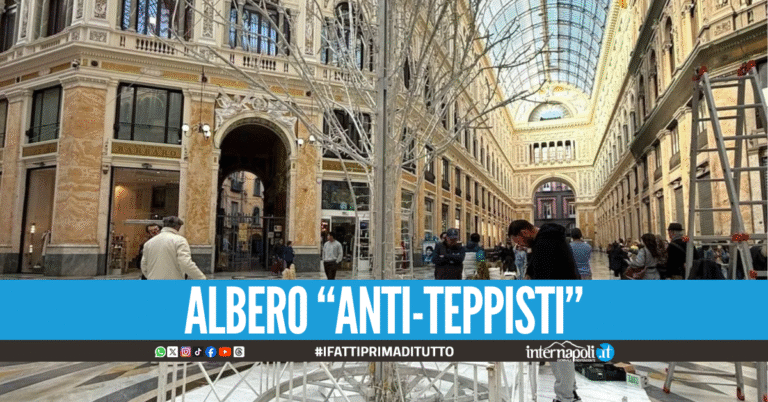Riecco l'albero in Galleria Umberto a Napoli: è in metallo per scoraggiare i teppisti