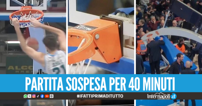Incredibile al PalaBarbuto durante Napoli-Cantù, canestro crolla dopo la schiacciata