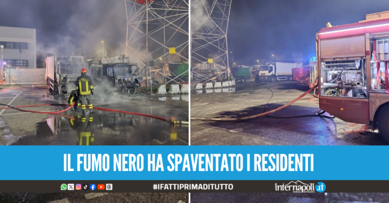 Incendio in un deposito ad Orta di Atella, carbonizzati 7 camion per la raccolta dei rifiuti