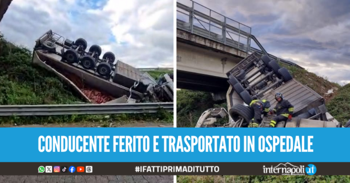 Tragedia sfiorata sull'Asse Mediano verso Acerra, tir si ribalta e precipita dal cavalcavia