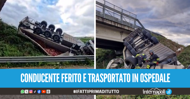 Tragedia sfiorata sull'Asse Mediano verso Acerra, tir si ribalta e precipita dal cavalcavia
