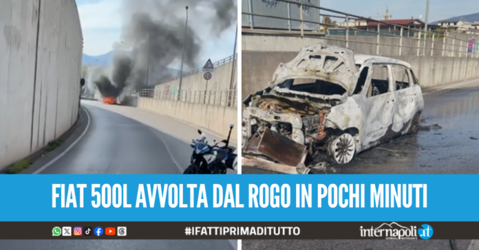 Paura in pieno centro a Pompei, auto in transito prende fuoco