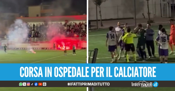 Violenza allo stadio nel Napoletano, calciatore colpito alla testa dal petardo